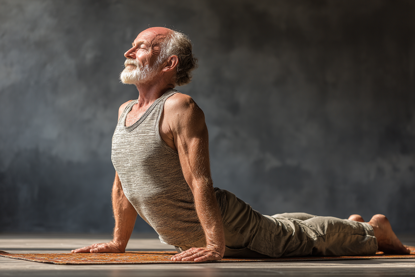 Група старших людей займається йогою на відкритому повітрі