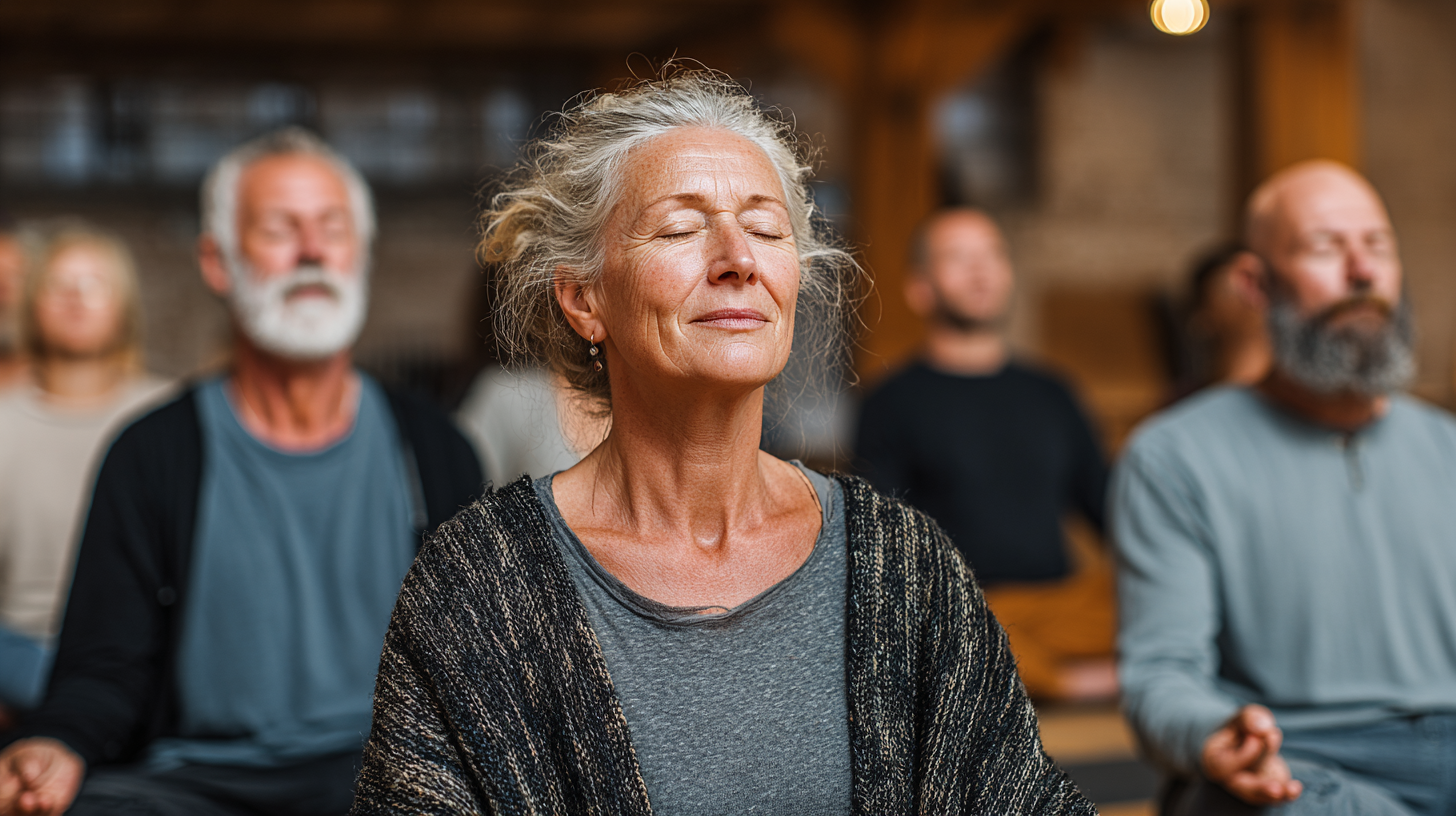 Інструктор йоги з учнями старшого віку в залі